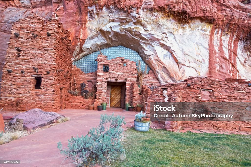 Moqui Cave Anasazi Hopi Tribe Food Shelter near Kanab Utah Moqui (Moki) Archeology Cave Shelter and Food Store Ruins in Sandstone Cliffs near Kanab Utah, once used by Anasazi Hopi Native Tribe Cave Stock Photo