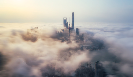 skyscrapers in Lujiazui district above the advection fog at sunrise ,Shanghai