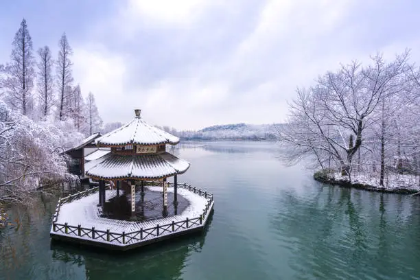 elevated view of pavilion in west lake in hang zhou, China