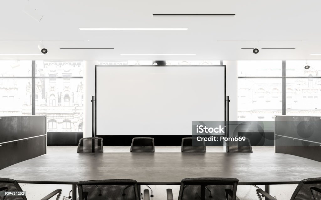 Conference room Conference room with table and blank projector screen. 3d rendering Presentation - Speech Stock Photo