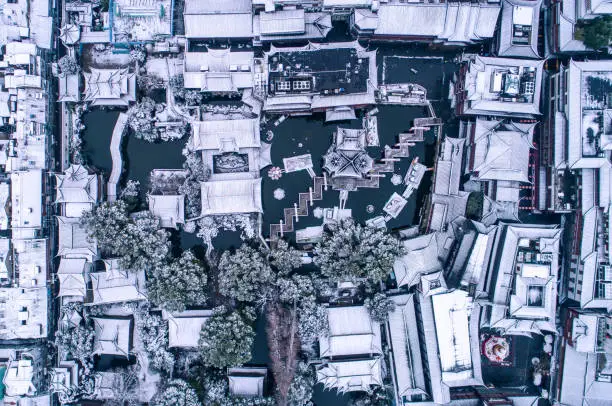aerial view of Yu garden in Shanghai after snow