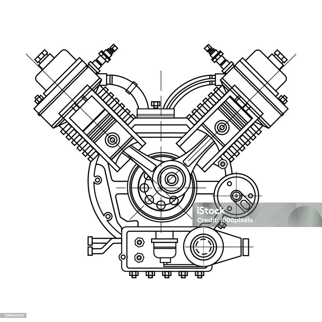 Un moteur à combustion interne. Le moteur de dessin de la machine dans la section, illustrant la structure interne - les cylindres, pistons, la bougie. Isolé sur fond blanc - clipart vectoriel de Moteur libre de droits