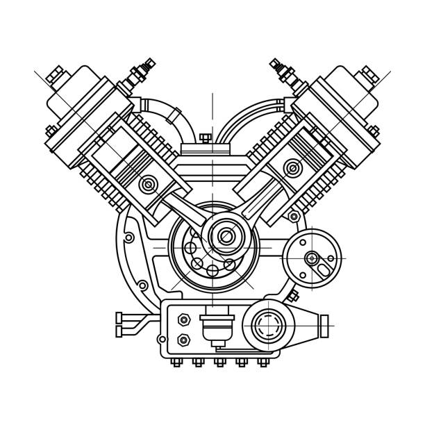 istock An internal combustion motor. The drawing engine of the machine in section, illustrating the inner structure - the cylinders, pistons, the spark plug. Isolated on white background 939444574