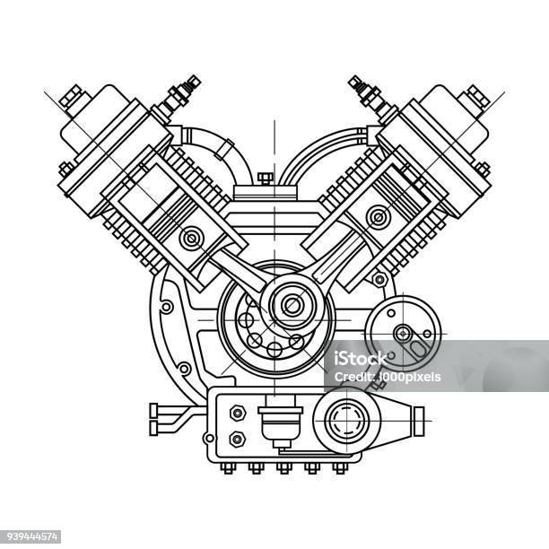 An Internal Combustion Motor The Drawing Engine Of The Machine In Section Illustrating The Inner Structure The Cylinders Pistons The Spark Plug Isolated On White Background Stock Illustration - Download Image Now