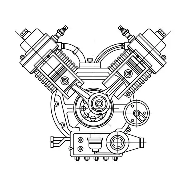 Vector illustration of An internal combustion motor. The drawing engine of the machine in section, illustrating the inner structure - the cylinders, pistons, the spark plug. Isolated on white background
