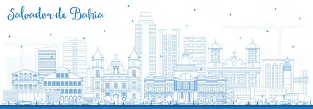 Vector illustration of Outline Salvador de Bahia City Skyline with Blue Buildings.