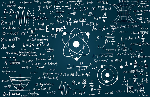 Blackboard inscribed with scientific formulas and calculations in physics and mathematics. Can illustrate scientific topics to quantum mechanics and any scientific