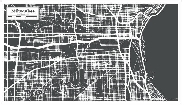 レトロなスタイルでミルウォーキー ウィスコンシン米国都市マップ。概要地図。 - milwaukee点のイラスト素材／クリップアート素材／マンガ素材／アイコン素材