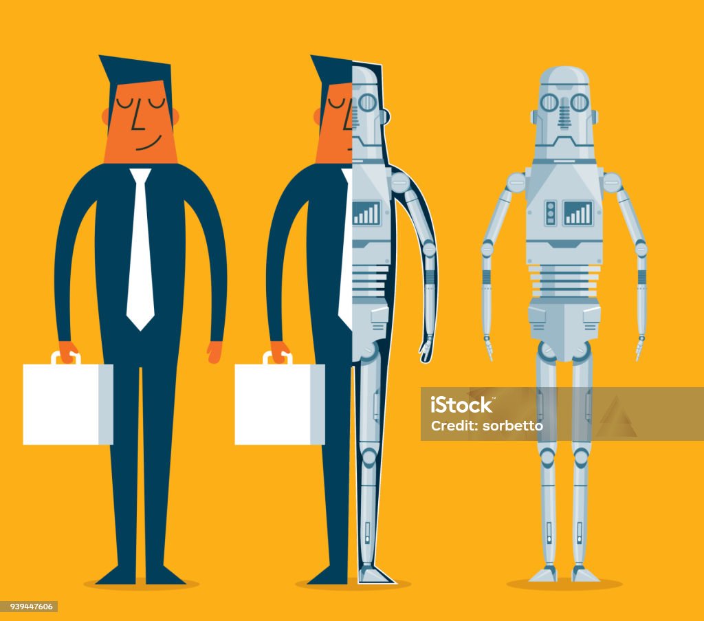 Evolution of robots - Businessman Evolution of robots. Concept of replacing people with robots, artificial intelligence. Robot stock vector