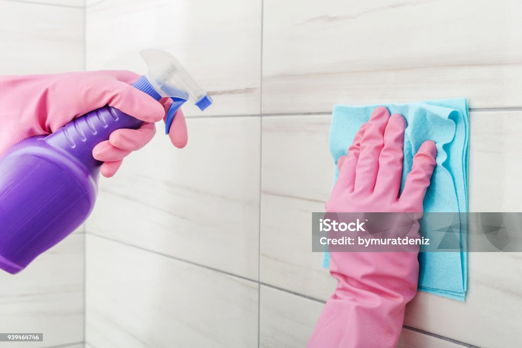 Cleaning in bathroom at home Cleaning Stock Photo