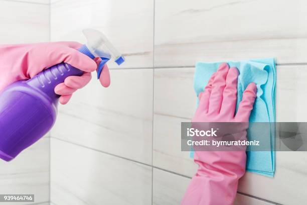 Cleaning In Bathroom At Home Stock Photo - Download Image Now - Cleaning, Tile, Cleaner