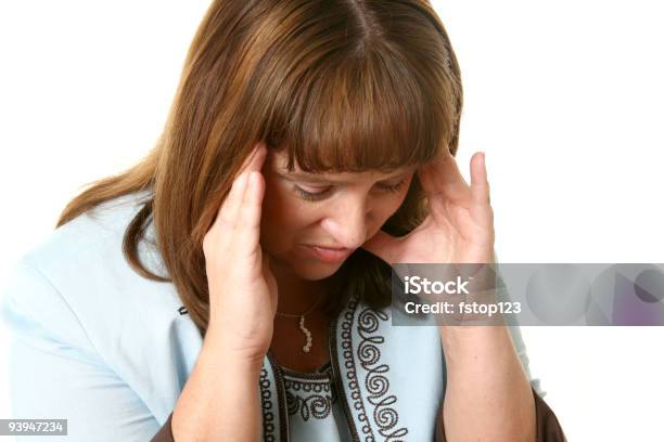 Stressed Woman With Head In Hands Stock Photo - Download Image Now - 30-39 Years, Adult, Adults Only