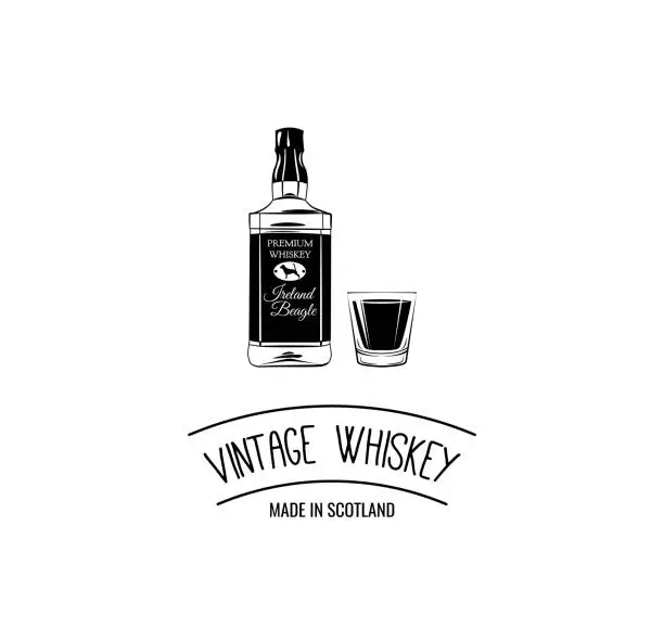 Vector illustration of Whiskey bottle shot. Scotch. Alcoholic beverage. Alcohol drink. Bar Pub design. Vector.