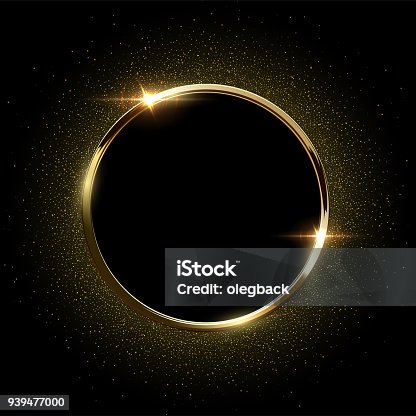 istock Golden sparkling ring with golden glitter isolated on black background. Vector golden frame. 939477000
