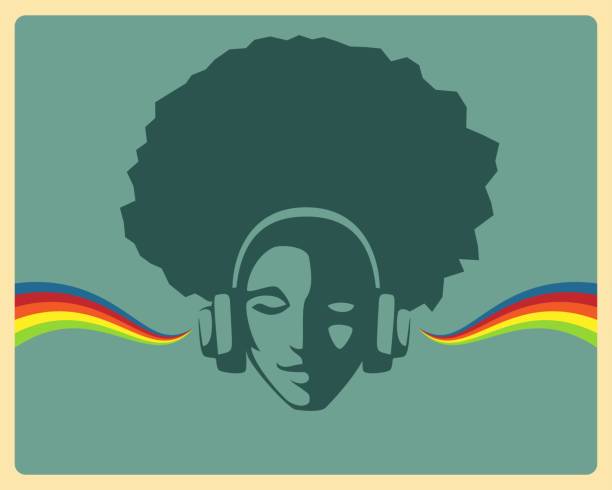 간단한 복고풍 디자인-헤드폰에서 음악을 듣고 아름 다운 여자 - afro stock illustrations