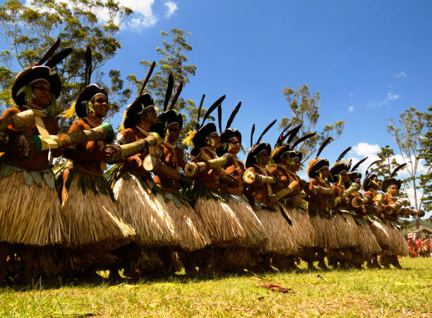 partecipanti della tribù sili muli al festival del monte hagen in papua nuova guinea - papua new guinea foto e immagini stock