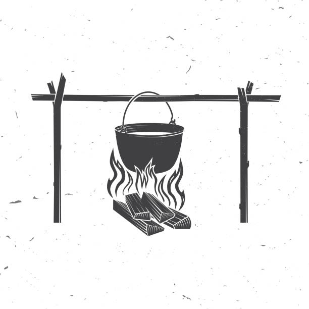 ilustrações, clipart, desenhos animados e ícones de pote na silhueta fogo. ilustração vetorial - campfire coal burning flame