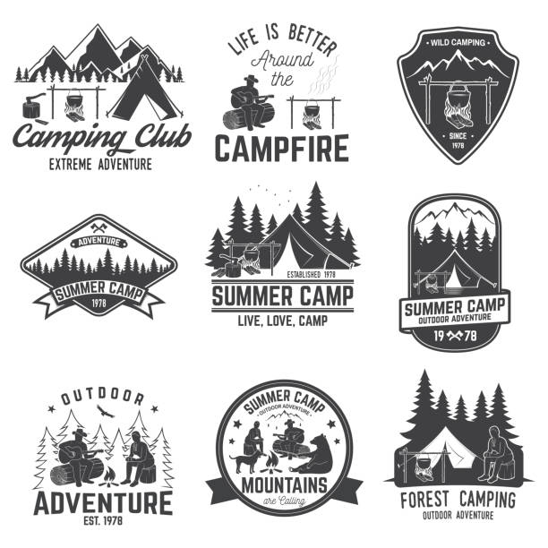 Summer camp. Vector illustration. Concept for shirt or icons, print, stamp or tee Set of Summer camp badges. Vector. Concept for shirt or print, stamp or tee. Vintage typography design with camper tent, pot on the fire, axe and mountain silhouette. Outdoor adventure. bear clipart stock illustrations