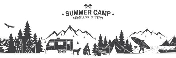 Summer camp seamless pattern. Vector illustration Summer camp seamless pattern. Vector illustration. Outdoor adventure background for wallpaper or wrapper. Seamless scene with mountains, hikers, dog, girl, man with canoe, campfire and river. hiking backgrounds stock illustrations