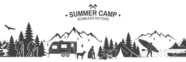Summer camp seamless pattern. Vector illustration Summer camp seamless pattern. Vector illustration. Outdoor adventure background for wallpaper or wrapper. Seamless scene with mountains, hikers, dog, girl, man with canoe, campfire and river. background of a camping stock illustrations