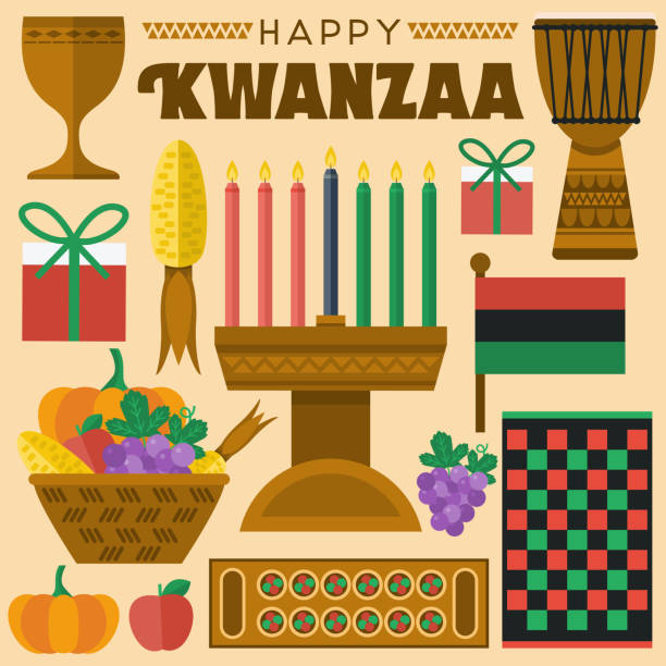 ilustraciones, imágenes clip art, dibujos animados e iconos de stock de diseño plano, ilustración de kwanzaa iconos y elementos vectoriales - kwanzaa