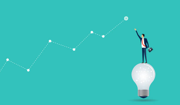 istock flat businessman standing on light bulb with business finance graph concept 939485282