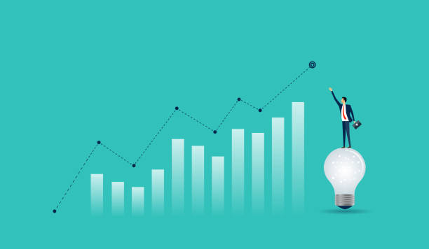 istock flat businessman standing on light bulb with business finance graph concept 939485306