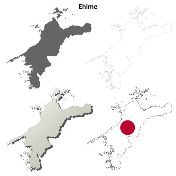 Vector illustration of Ehime blank outline map set