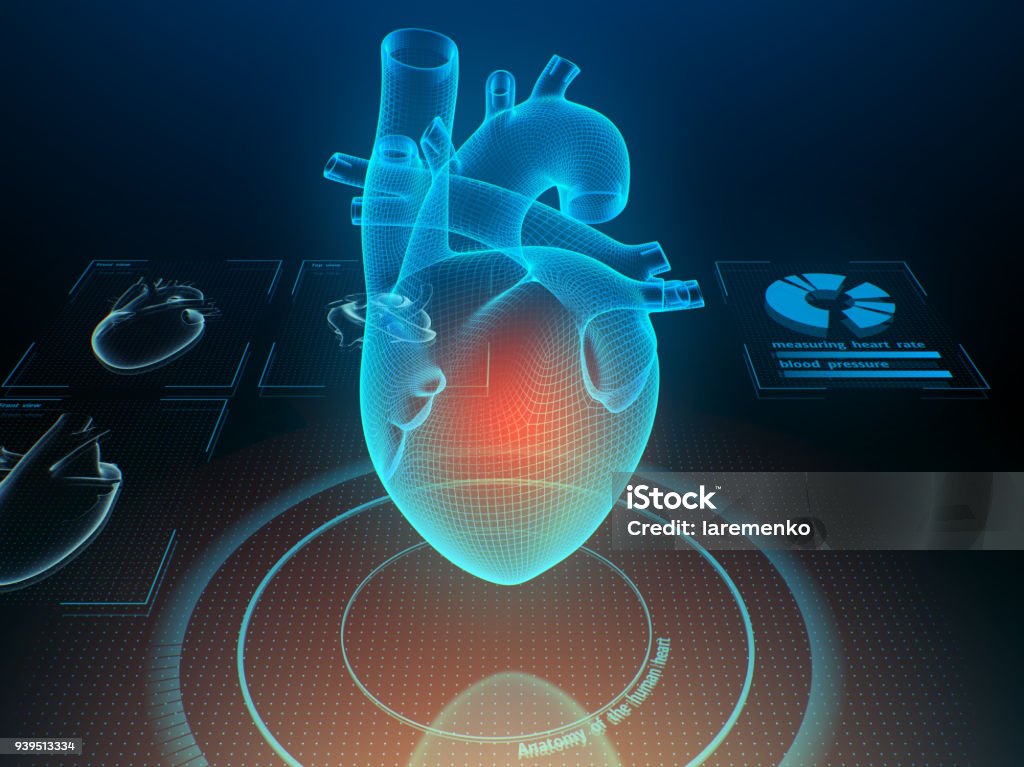 Futuristic medicine concept. Heart with pain center. Virtual digital imaging. 3d illustration. Artificial Intelligence Stock Photo