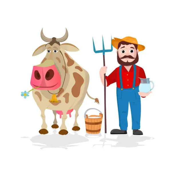 Vector illustration of Farmer near cow and bottles of milk. Farming and countryside, rural and village landscape, dairy theme