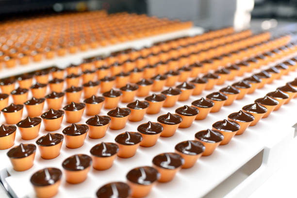 produzione di praline in una fabbrica per l'industria alimentare - nastro trasportatore automatico con cioccolato - food processing plant manufacturing factory food foto e immagini stock