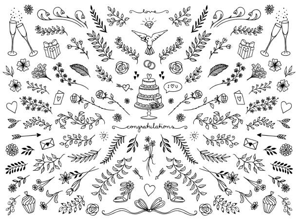 floral design-elemente für hochzeitskarten - symmetry happiness symbol wedding stock-grafiken, -clipart, -cartoons und -symbole