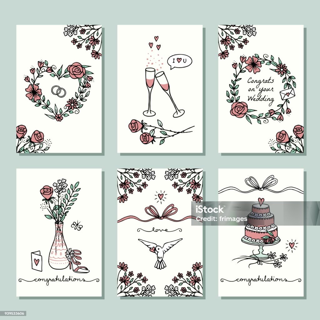 Six small hand drawn wedding cards Set of six hand drawn wedding mini cards, design template with flower wreaths, champagne glasses and wedding cake Wedding Cake stock vector