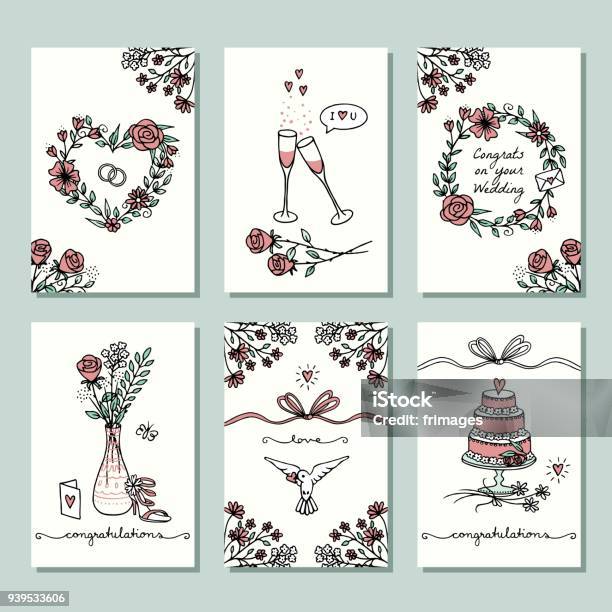 Six Small Hand Drawn Wedding Cards Stock Illustration - Download Image Now - Wedding Cake, Greeting Card, Wedding