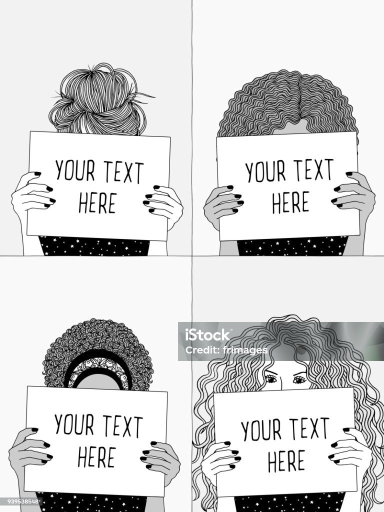 Four girls holding empty papers or signs Hand drawn black and white illustration of four girls holding empty papers or signs, hiding their face behind the signs Hair stock vector