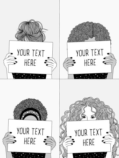 Four girls holding empty papers or signs Hand drawn black and white illustration of four girls holding empty papers or signs, hiding their face behind the signs curled hair stock illustrations
