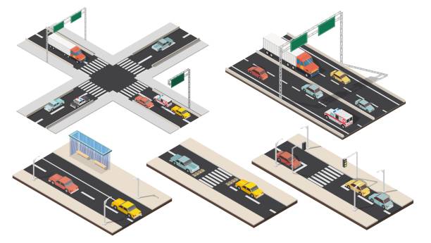 изометрические перекрестки и дороги с автомагистралями устанавливают элементы дорожного движения. - isometric road intersection land vehicle street stock illustrations