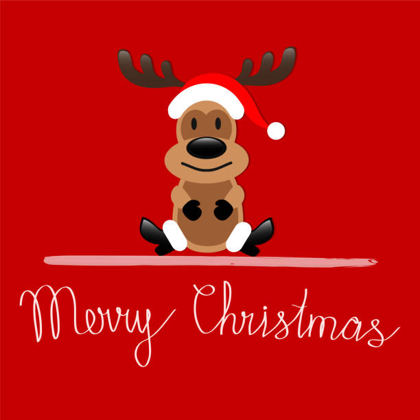 istock Merry Christmas greeting card with Reindeer reindeer sitting on red background, stock vector illustration 939553512