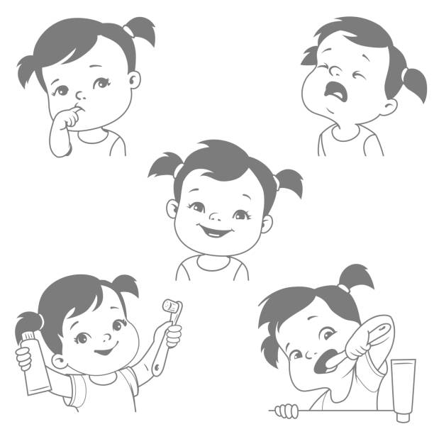 Baby teeth set. Baby girl with tooth brush and paste. Baby crying for toothache. Healthy teeth. First teeth. Dentition. Baby care. Smiling child holding product. Monochrome vector illustration. black baby crying drawing stock illustrations