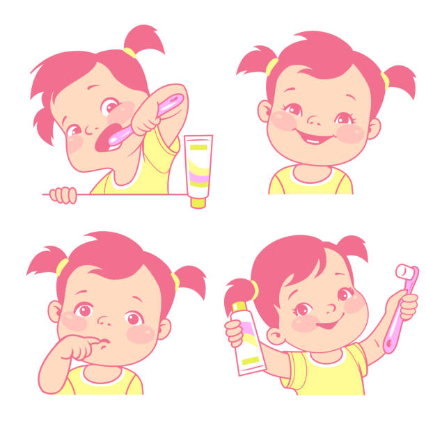 Baby teeth set. Little girl with tooth brush and toothpaste. Happy smiling child with healthy teeth. Sad kid feel toothache. icon/emblem for medicine or hygiene product. Vector illustration. black baby crying drawing stock illustrations