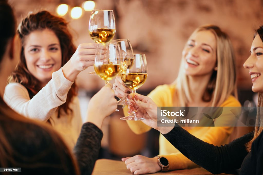 Girlfriends drinking wine in the bar. Girlfriends drinking wine and cheering while sitting in the bar. Selective focus on glasses. Wine Stock Photo