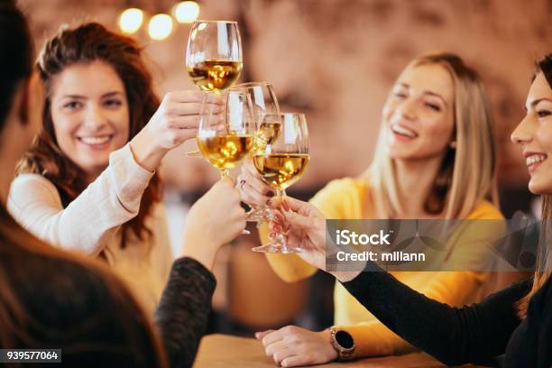 Girlfriends Drinking Wine In The Bar Stock Photo - Download Image Now - Wine, Celebratory Toast, Women