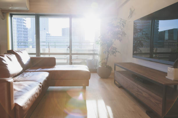 Typical latin medium class living room department with wooden Table and a white leather sofa, on left, a tv station and a nice and cozy decoration in reds and warm colors, in Miami, Florida, USA in a sunny morning day.