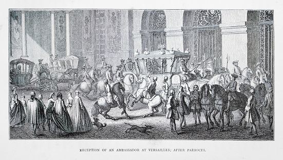 The reception of an ambassador at Versailles in France, in the 18th century. Engraving/illustration from the book \