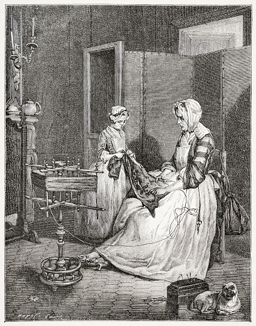 An industrious mother from 18th century France shows her daughter how to make/fix clothing with the aid of some rather intricate machinery. Engraving/illustration from the book \