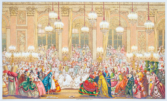 A masquerade ball in 18th century France. Engraving/illustration from the book \
