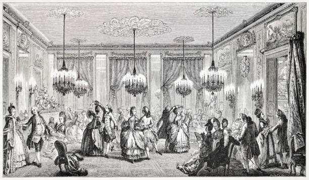 The Fancy Ball, 18th Century France Well-dressed folk attend a Fancy Ball in 18th Century France. Engraving/illustration from the book "The XVIIIth Century: France 1700-1789", published in 1876. 18th century style stock pictures, royalty-free photos & images
