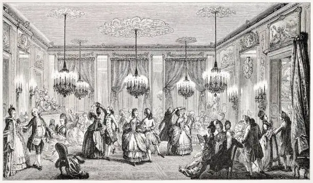 Well-dressed folk attend a Fancy Ball in 18th Century France. Engraving/illustration from the book "The XVIIIth Century: France 1700-1789", published in 1876.