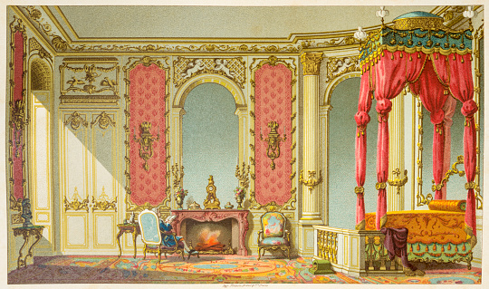 A bedroom fit for royals in 18th Century France. Engraving/illustration from the book \