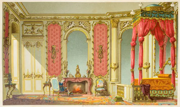 A bedroom fit for royals in 18th Century France. Engraving/illustration from the book "The XVIIIth Century: France 1700-1789", published in 1876.